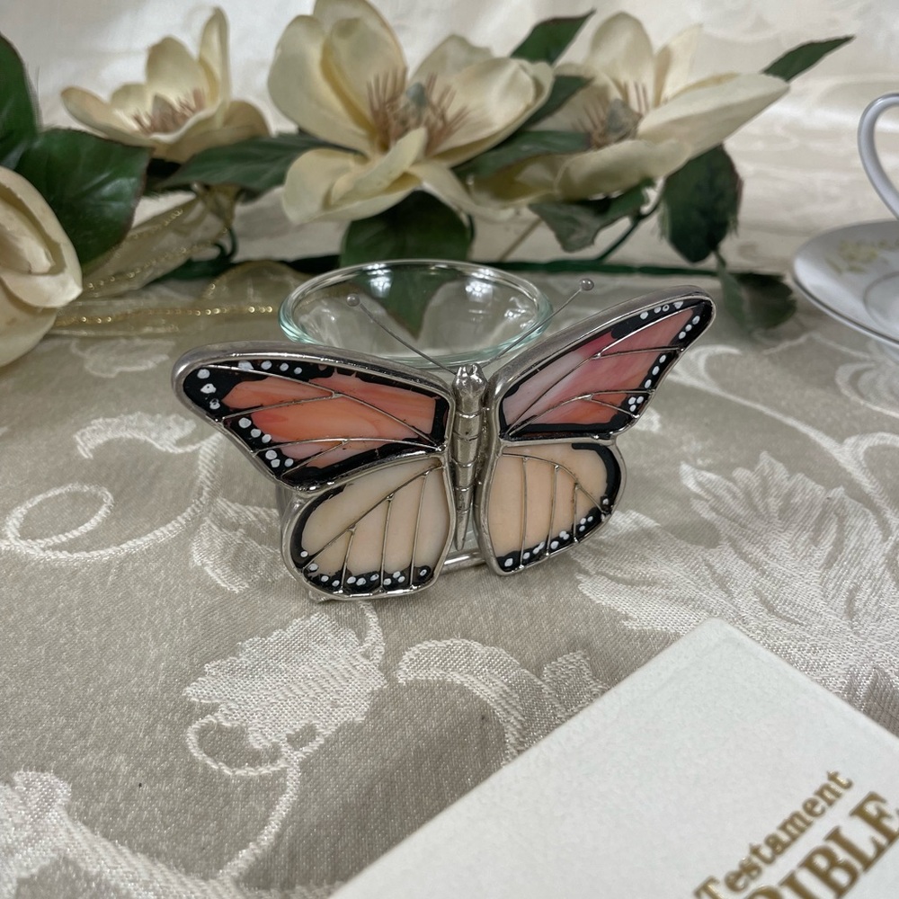 Small Metal Glass Monarch Butterfly Candle Holder for 1 1/4" Size Candle